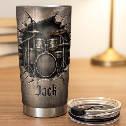 Personalized drum kit tumbler with custom name and 3D cracked wall design for drummers image 8