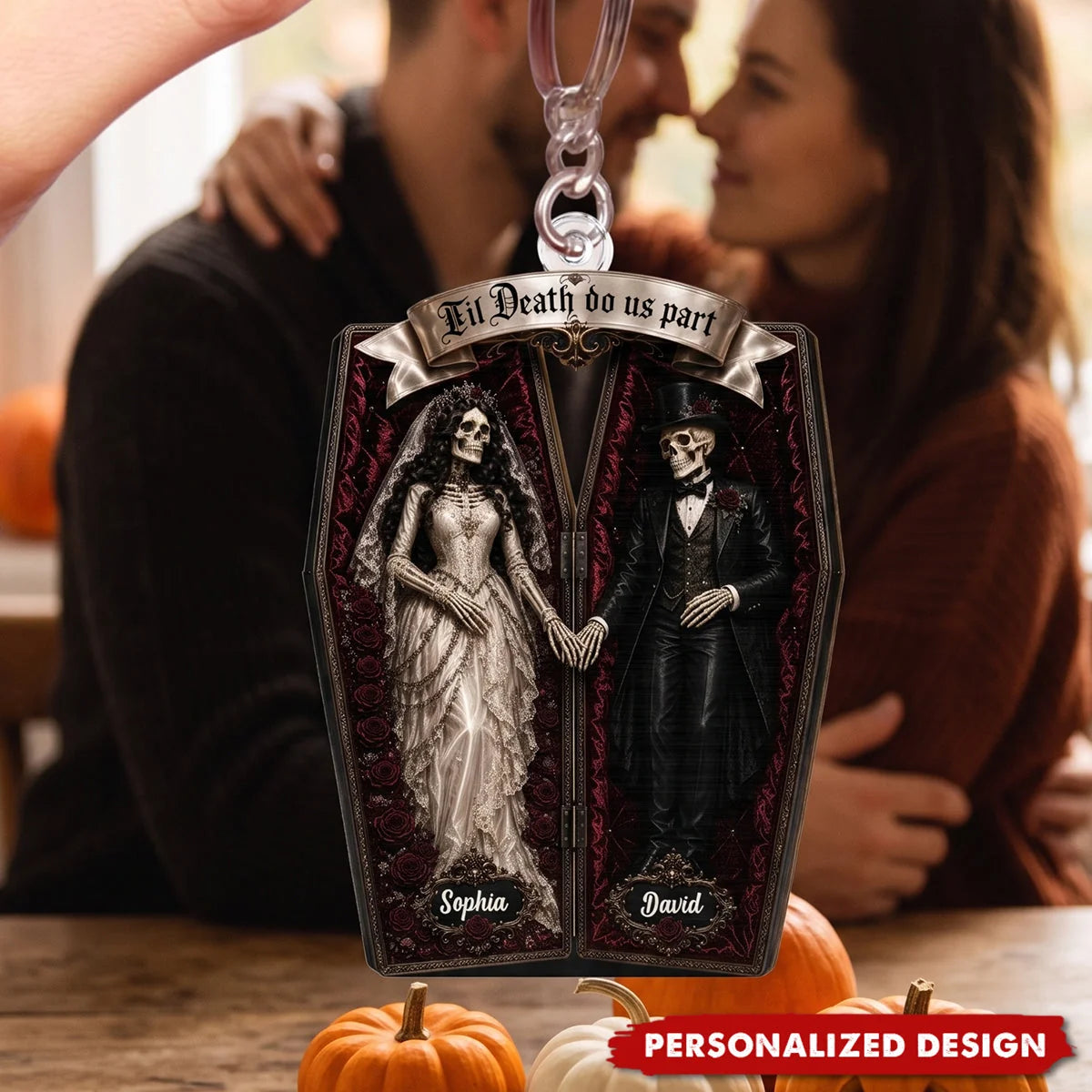 "Til Death Do Us Part" Skeleton Couple Coffin Personalized Acrylic Keychain - Custom Gothic Halloween Gift for Couples