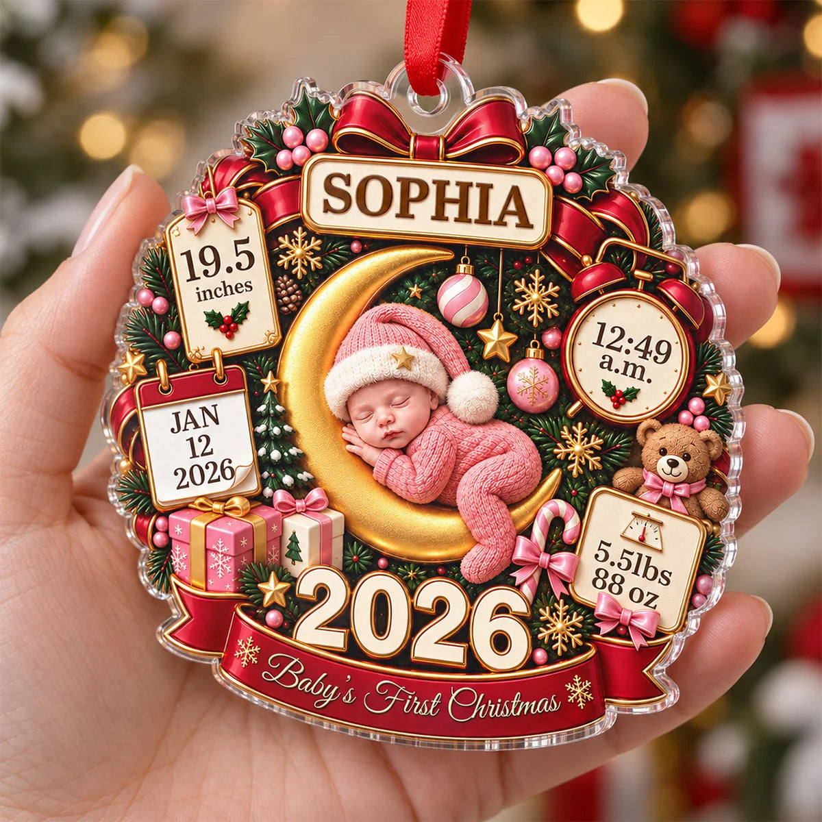 "Baby's First Christmas" Newborn Birth Stats Personalized Acrylic Ornament - Custom Gift for New Parents