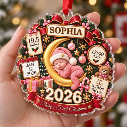 "Baby's First Christmas" Newborn Birth Stats Personalized Acrylic Ornament - Custom Gift for New Parents