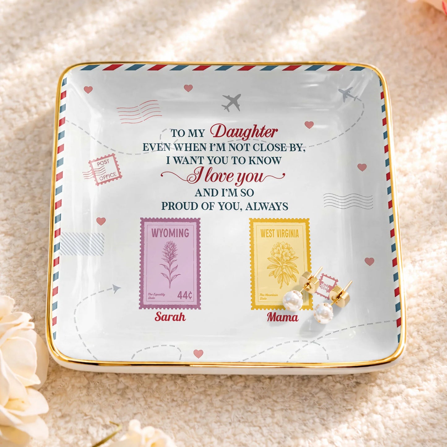 "To My Daughter Even When I'm Not Close By" Personalized Jewelry Dish - Custom Postage Stamp Ceramic Ring Tray Gift