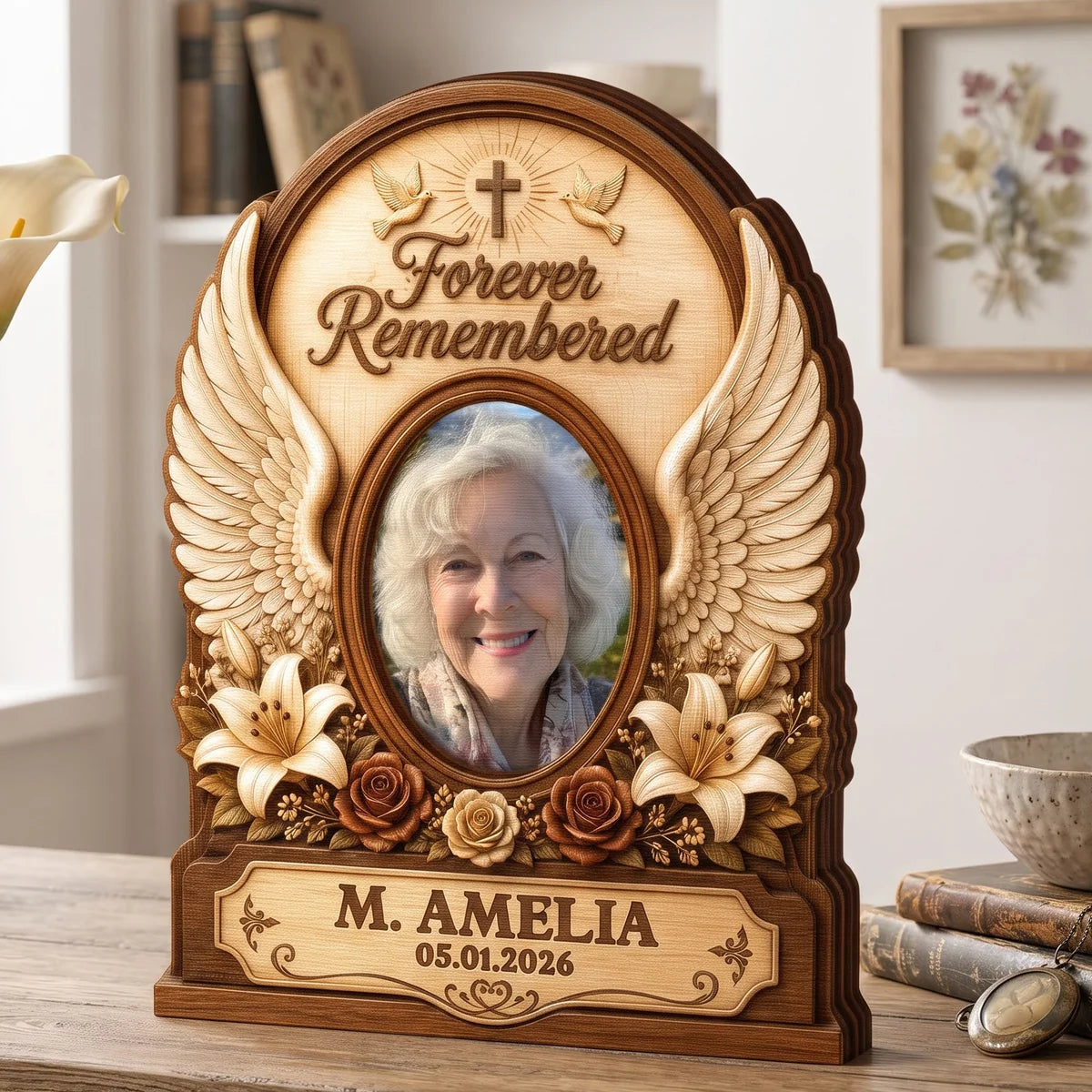 Forever Remembered Angel Wings - Personalized Memorial Wooden Block for Family Keepsake