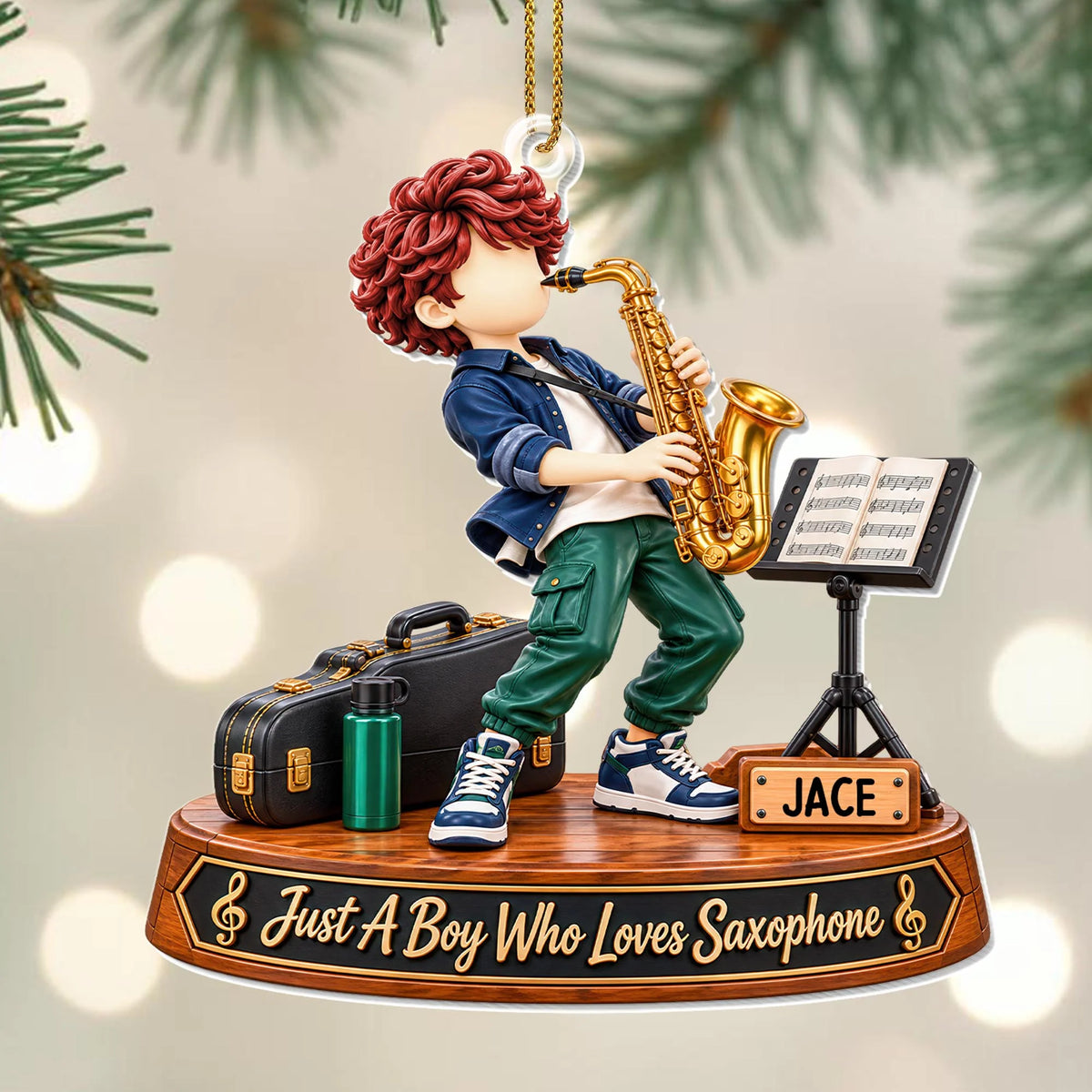 "Just A Boy Who Loves Saxophone" Personalized Acrylic Ornament - Custom Christmas Gift for Son or Grandson