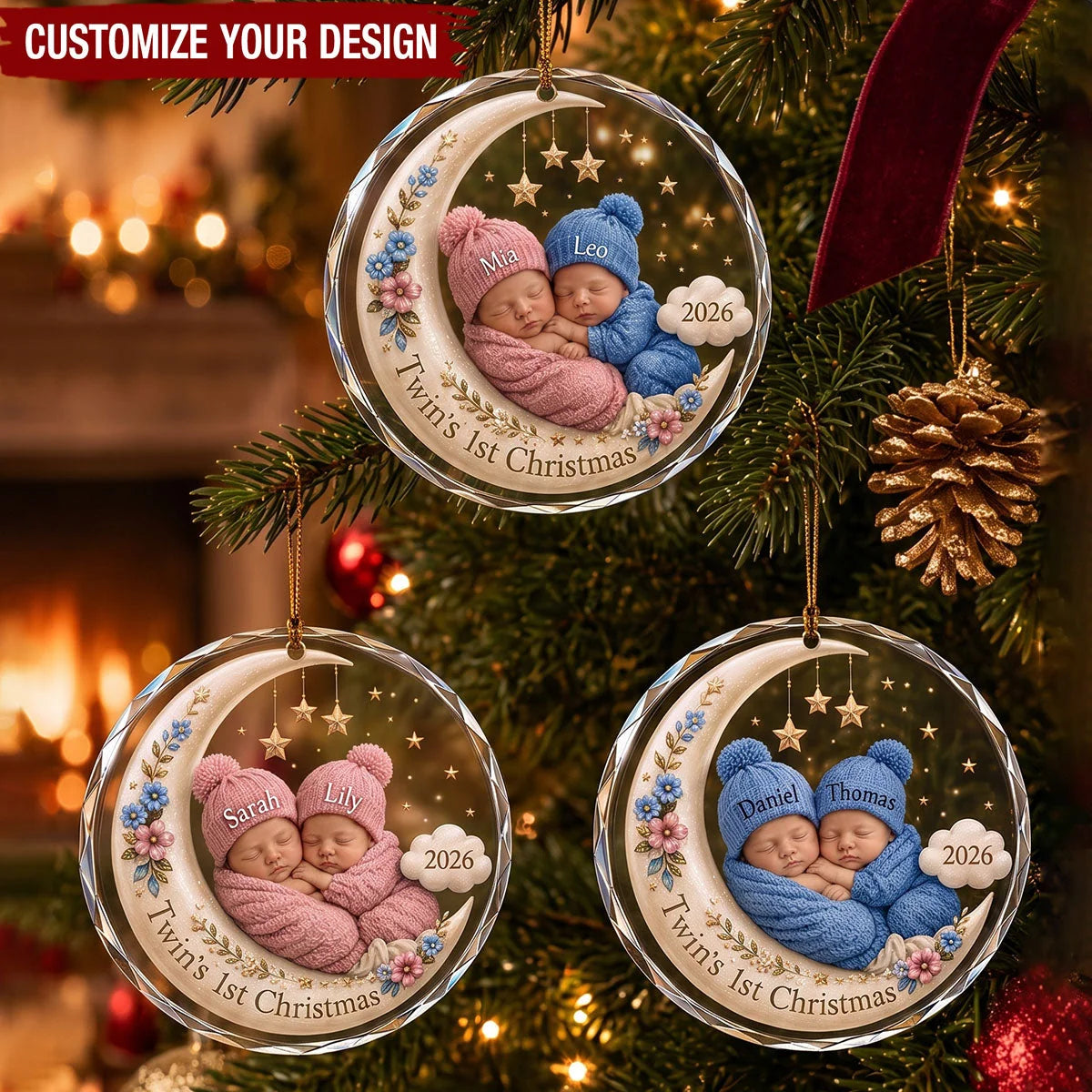 Twin's 1st Christmas Personalized Glass Ornament - Custom Twin Babies Holiday Keepsake