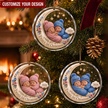 Twin's 1st Christmas Personalized Glass Ornament - Custom Twin Babies Holiday Keepsake