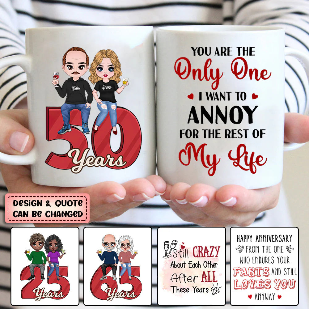 Personalized couple anniversary mug featuring a custom doll illustration and funny love quote for husband or wife gift