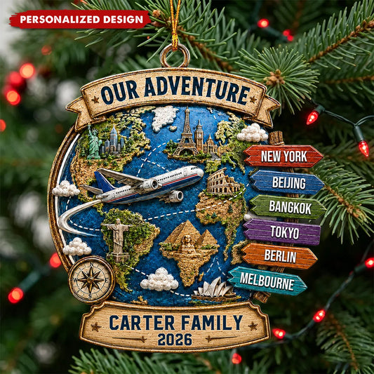 Our Adventure Custom Travel Wooden Ornament - Personalized Keepsake Gift for Couples and Families
