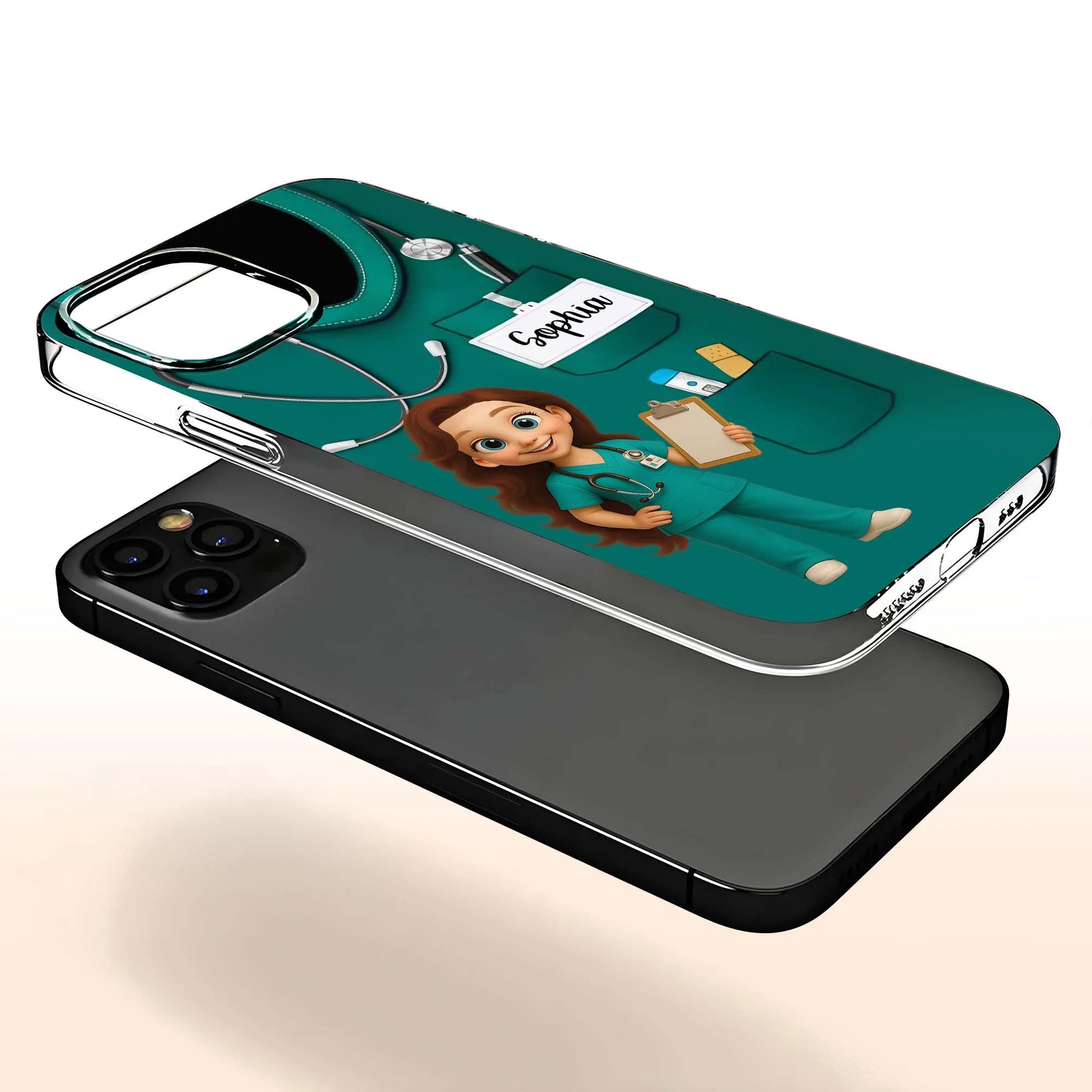 Personalized nurse phone case with custom medical uniform, stethoscope design, and custom name printed on clear background image 7