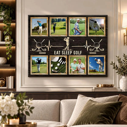 Personalized Eat Sleep Golf Photo Collage Canvas / Poster - Custom Golfer Wall Art Gift for Dad and Husband