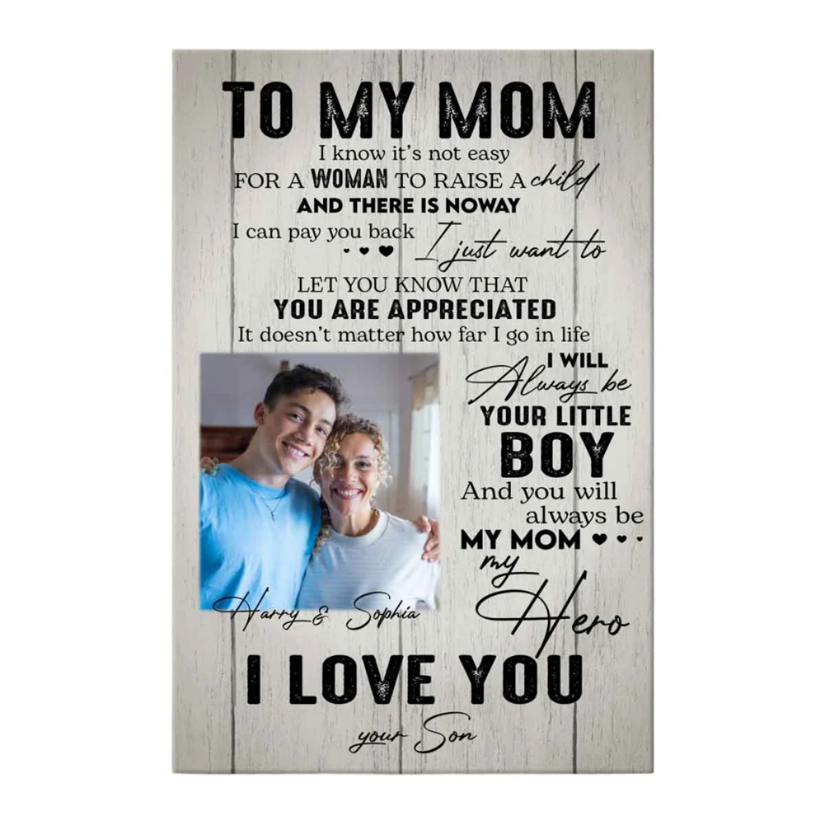 "To My Mom You Are Appreciated" Personalized Canvas / Poster - Custom Photo & Name Gift for Mom from Son