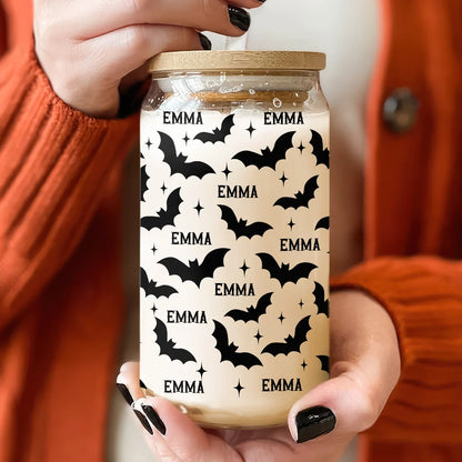 Spooky Season Bats Personalized Halloween Glass Can Cup - Cute Custom Fall Gift For Her