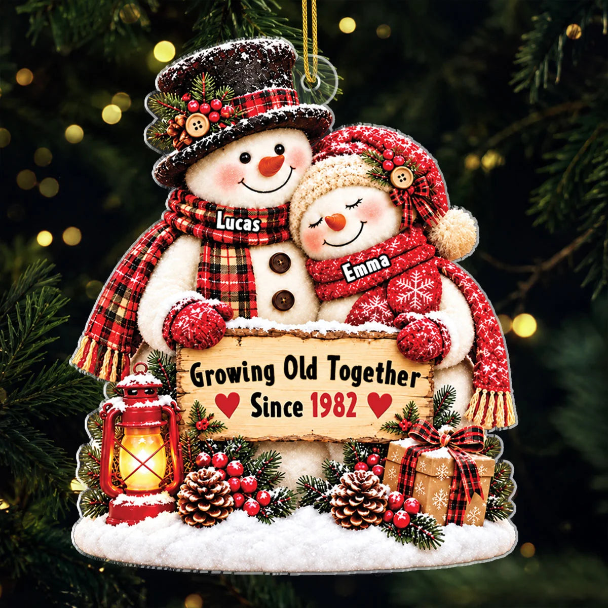 "Growing Old Together" Snowman Couple Personalized Acrylic Ornament - Anniversary Keepsake for Couples