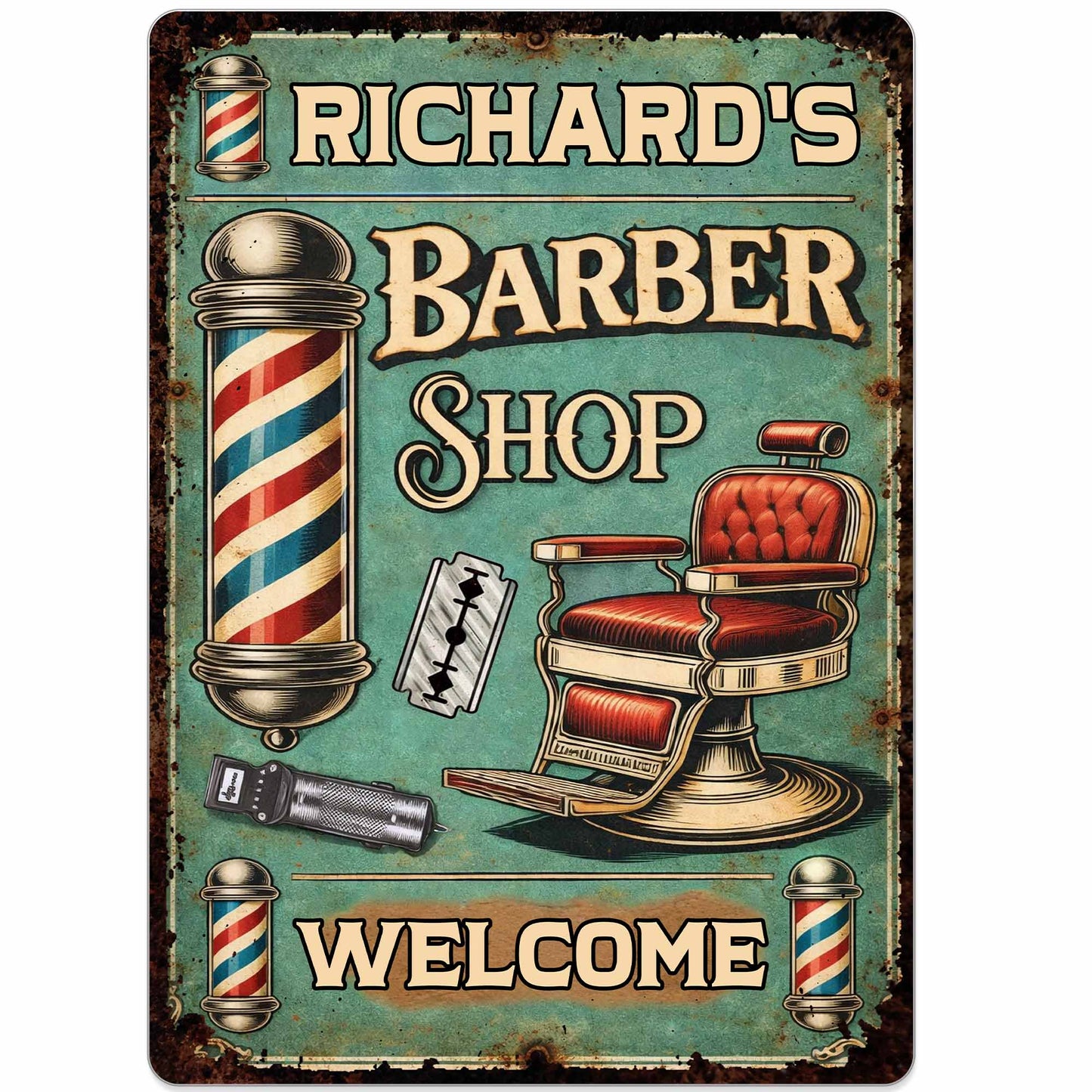 Custom barber shop metal sign with vintage barber chair and pole design for professional salon wall decor image 10