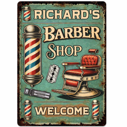 Custom barber shop metal sign with vintage barber chair and pole design for professional salon wall decor image 10