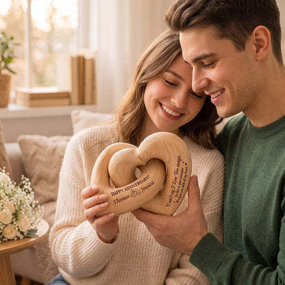 Interlocking Wooden Heart Sculpture personalization view for Couples