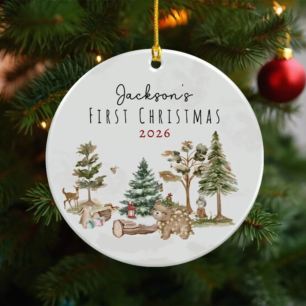 "Baby's First Christmas" Custom Photo Ceramic Ornament - Personalized Holiday Woodland Keepsake for New Parents