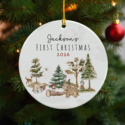 "Baby's First Christmas" Custom Photo Ceramic Ornament - Personalized Holiday Woodland Keepsake for New Parents