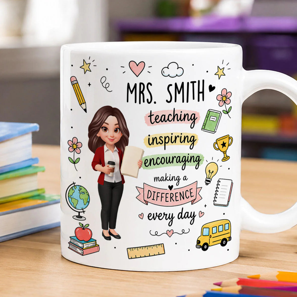 Personalized teacher mug featuring custom cartoon avatar and teaching inspiring encouraging quote