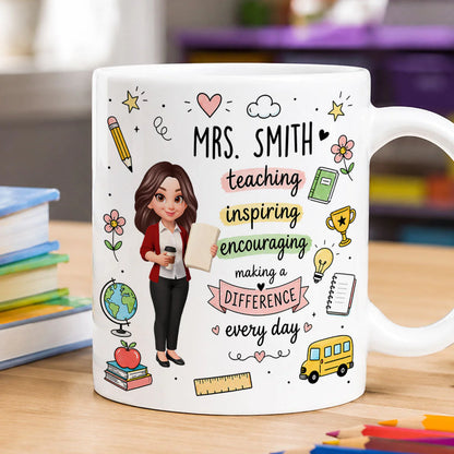 Personalized teacher mug featuring custom cartoon avatar and teaching inspiring encouraging quote