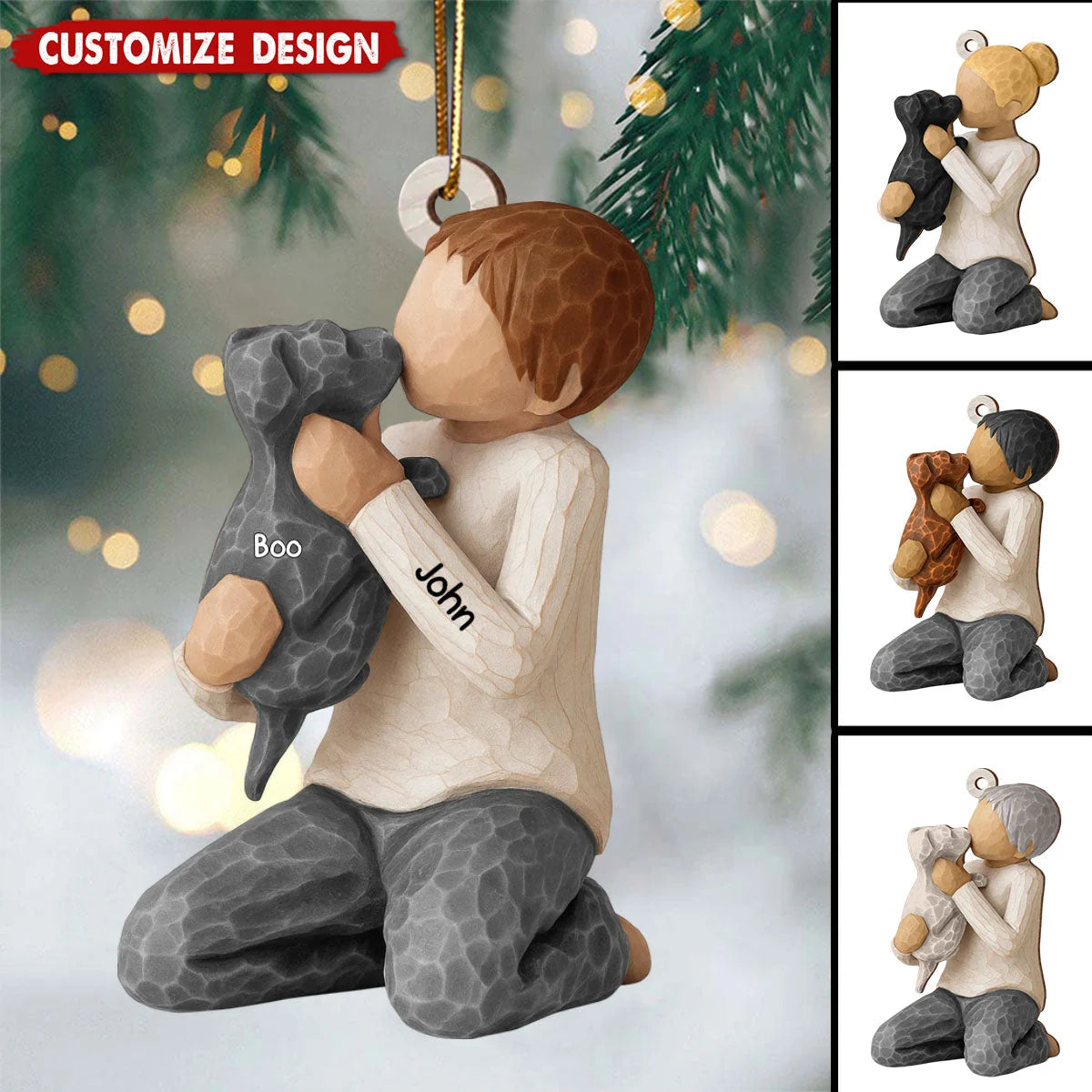 Boy and Girl Hugging Dog Personalized Wooden Christmas Ornament - Custom Keepsake Gift for Dog Lovers
