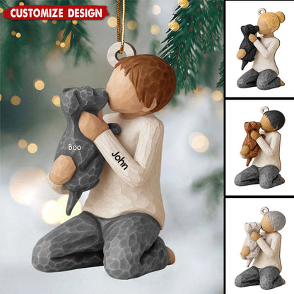 Boy and Girl Hugging Dog Personalized Wooden Christmas Ornament - Custom Keepsake Gift for Dog Lovers