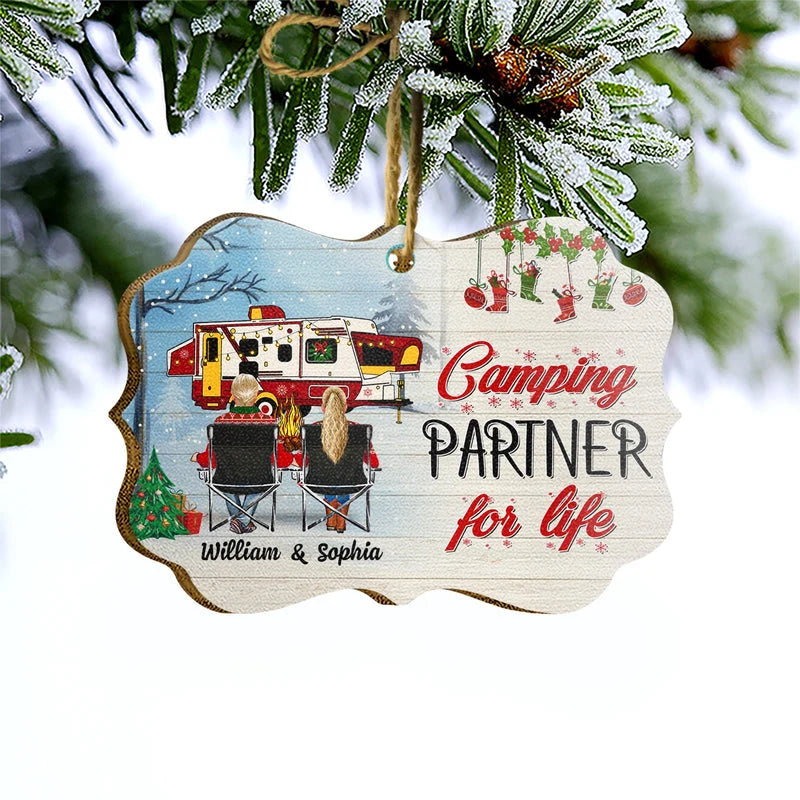 Happy Campers Personalized Wooden Ornament - Custom Christmas Keepsake for Couples