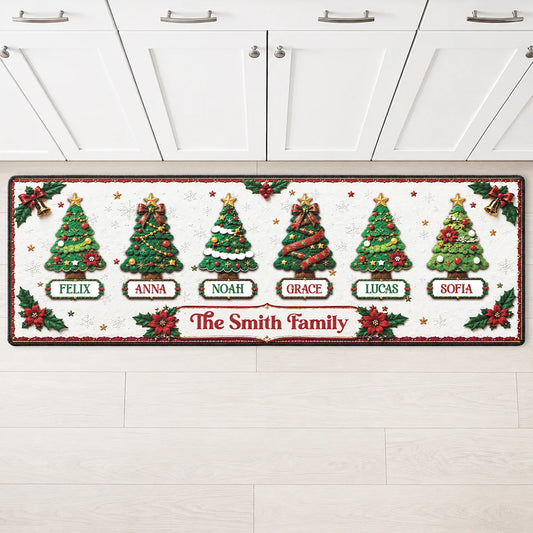 Family Christmas Tree Runner Rug - Personalized Holiday Kitchen Mat Gift