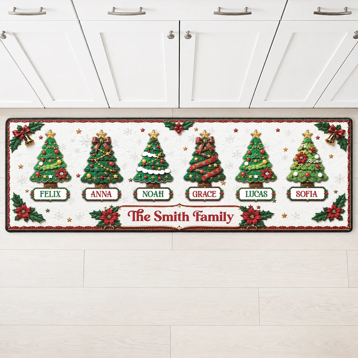 Family Christmas Tree Runner Rug - Personalized Holiday Kitchen Mat Gift