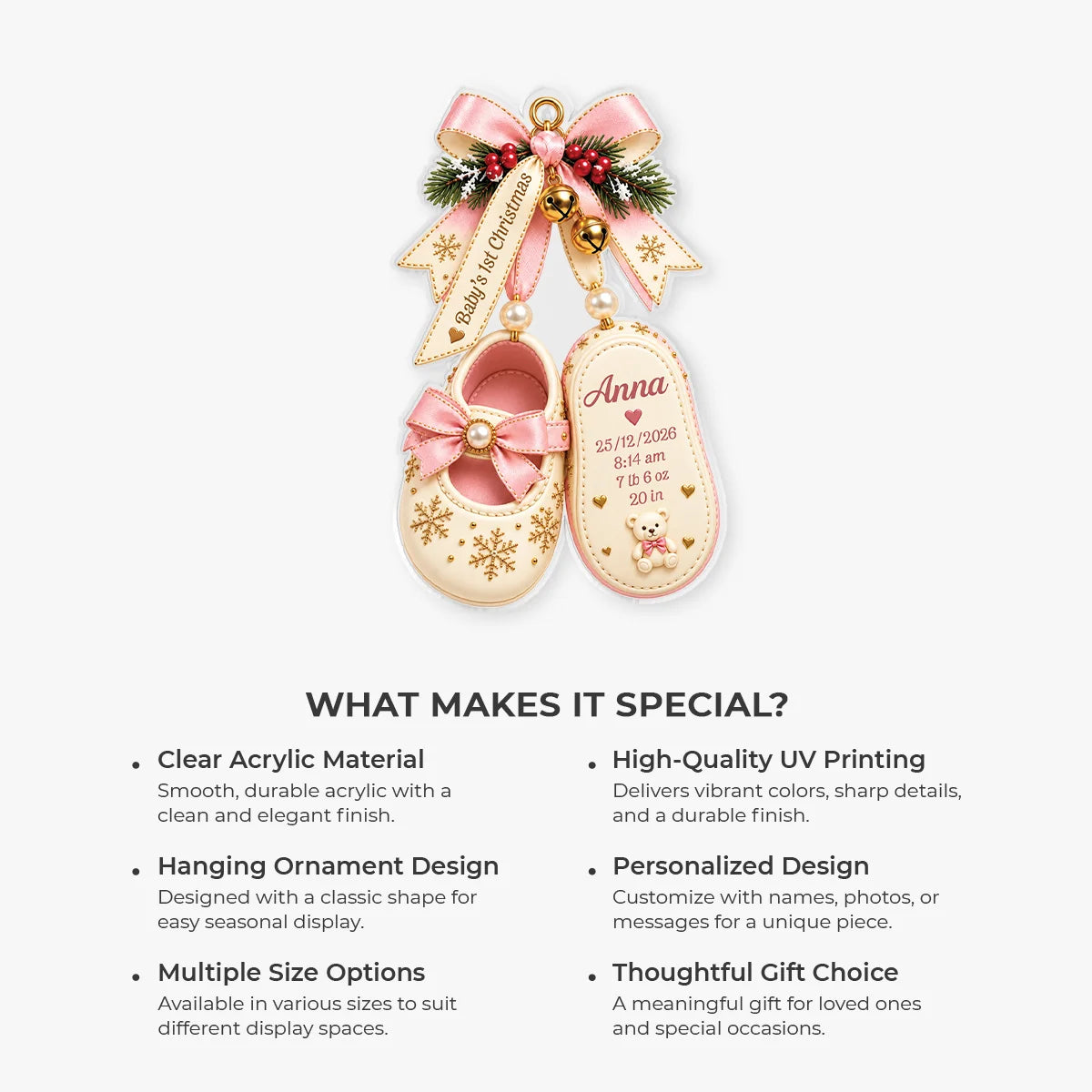 "Baby's 1st Christmas Shoes" Personalized Acrylic Ornament with Birth Stats - Keepsake for Newborn