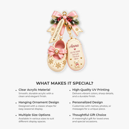 "Baby's 1st Christmas Shoes" Personalized Acrylic Ornament with Birth Stats - Keepsake for Newborn