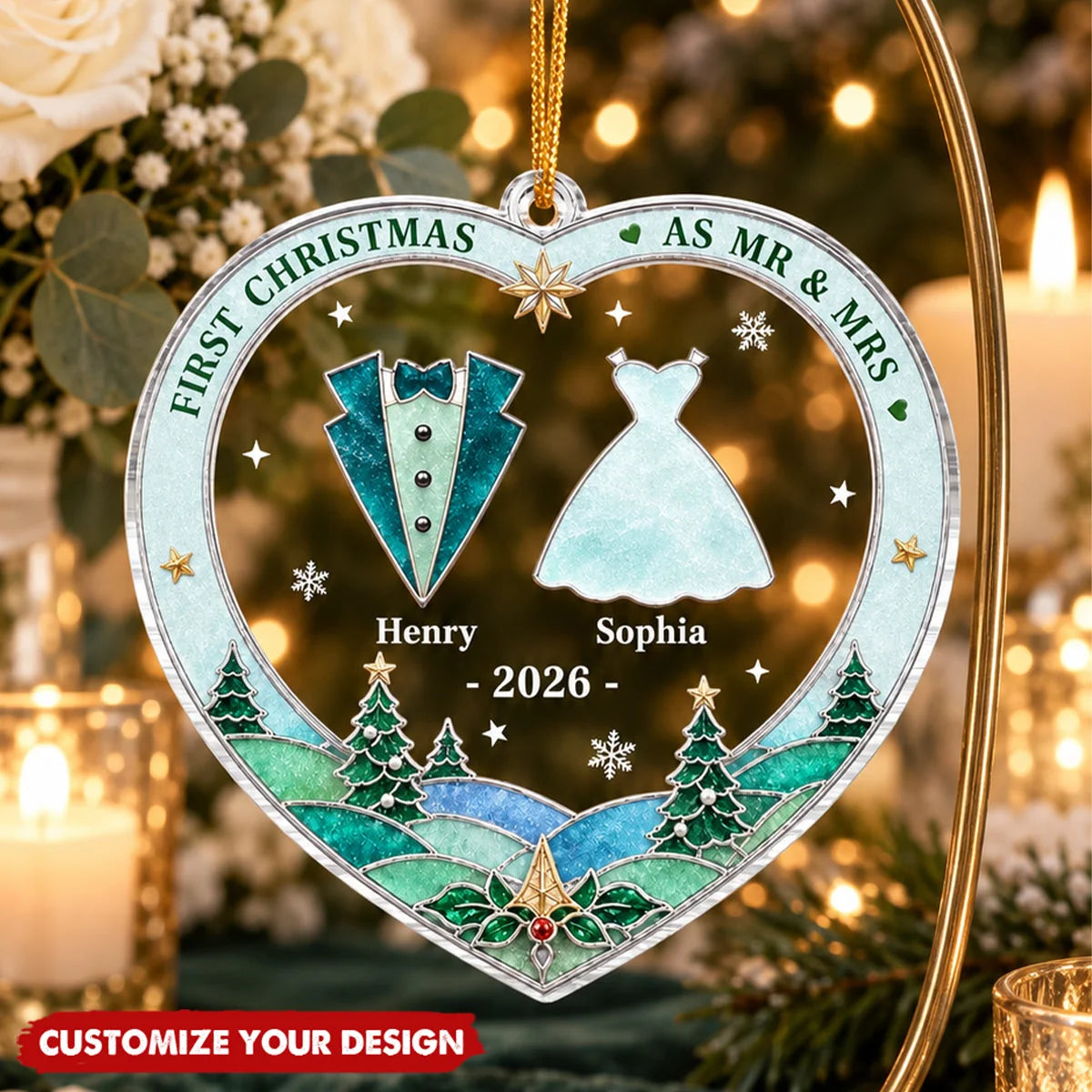 "First Christmas As Mr & Mrs" Personalized Acrylic Ornament - Wedding Gift for Couples