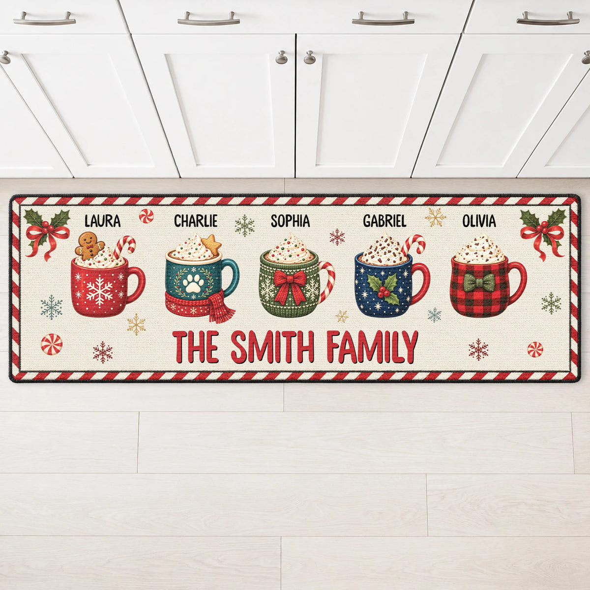 Festive Hot Cocoa Mugs Personalized Family Runner Rug - Christmas Decor for Kitchen
