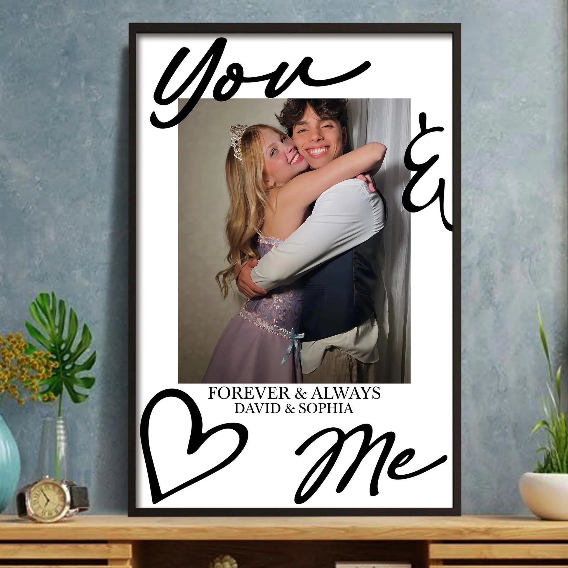 Personalized couple photo poster with You and Me Forever text for anniversary wall art