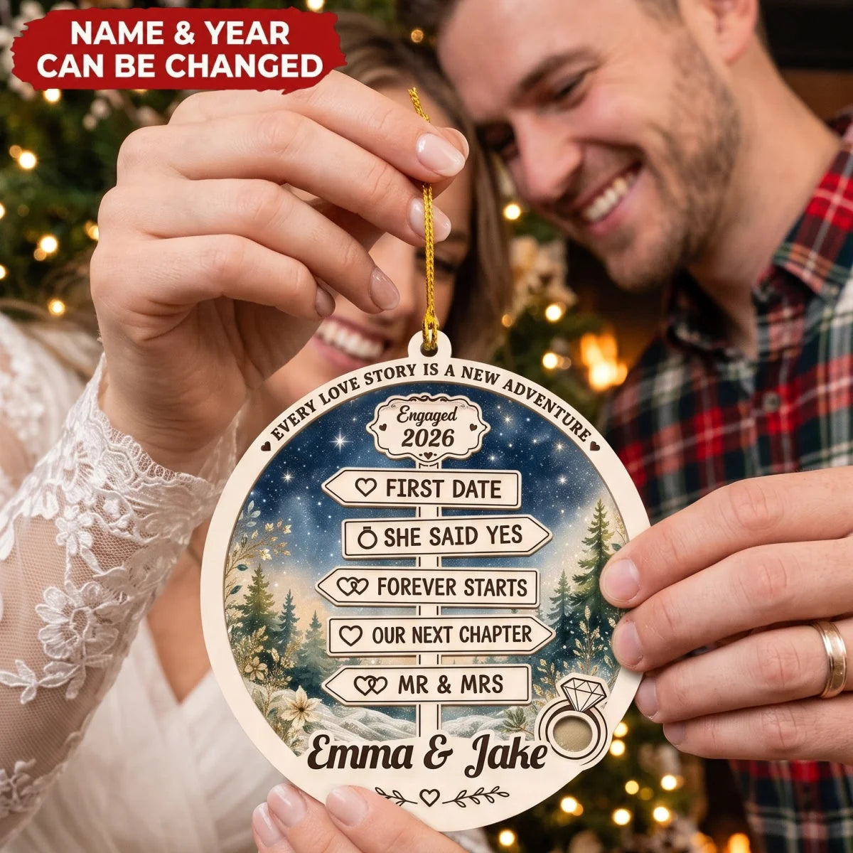 Every Love Story Is A New Adventure - Personalized Wooden Engagement Ornament for Couples