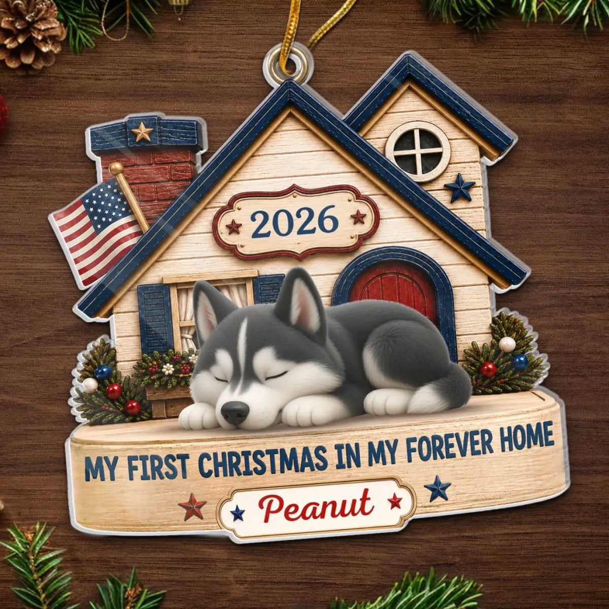 "First Christmas In Forever Home" Personalized Dog Ornament - Custom Acrylic Pet Gift