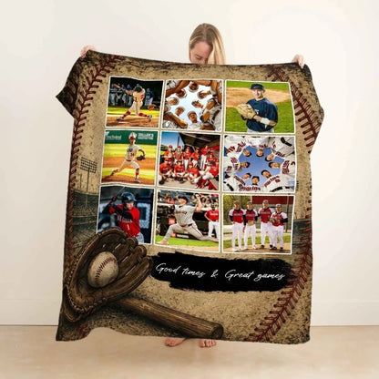 Good Times & Great Games Personalized Baseball Photo Blanket - Custom Gift for Son & Senior Players