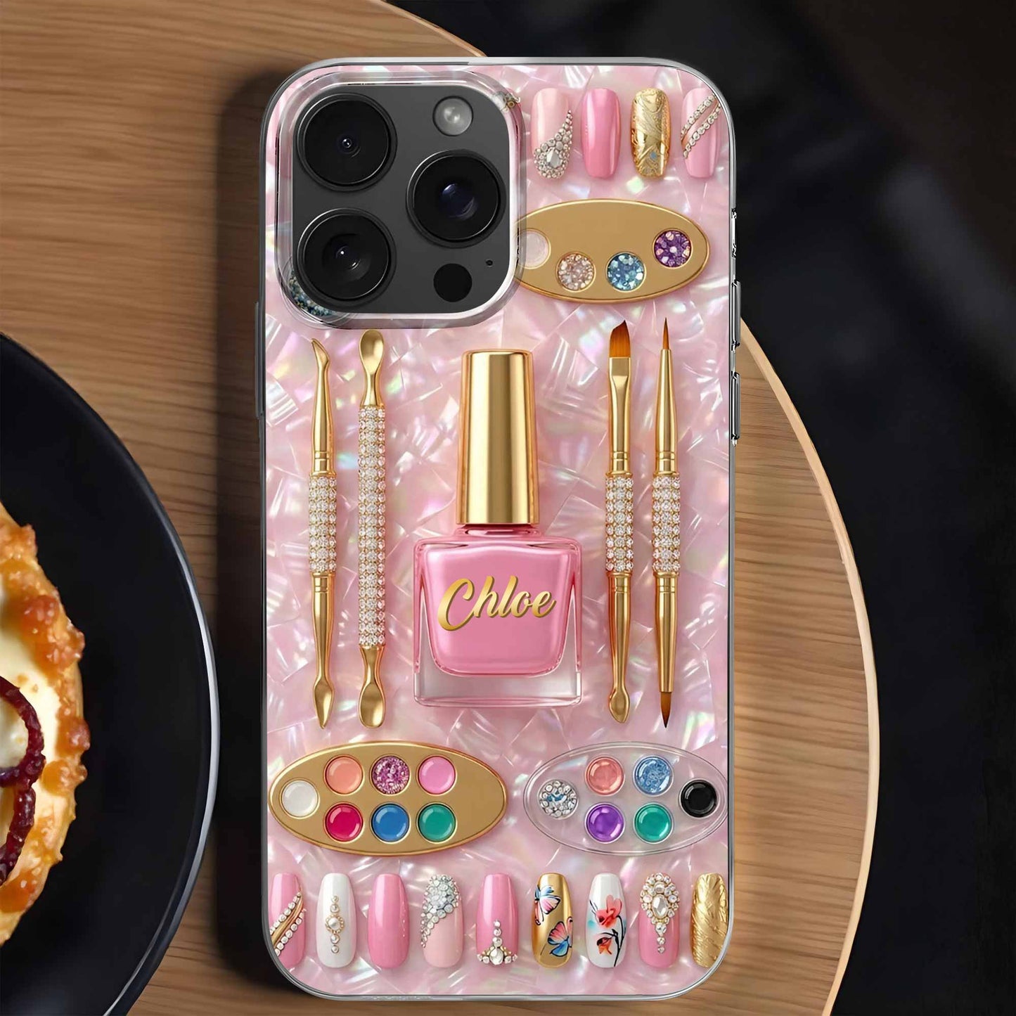 Personalized nail tech clear phone case featuring chic nail polish and tools design