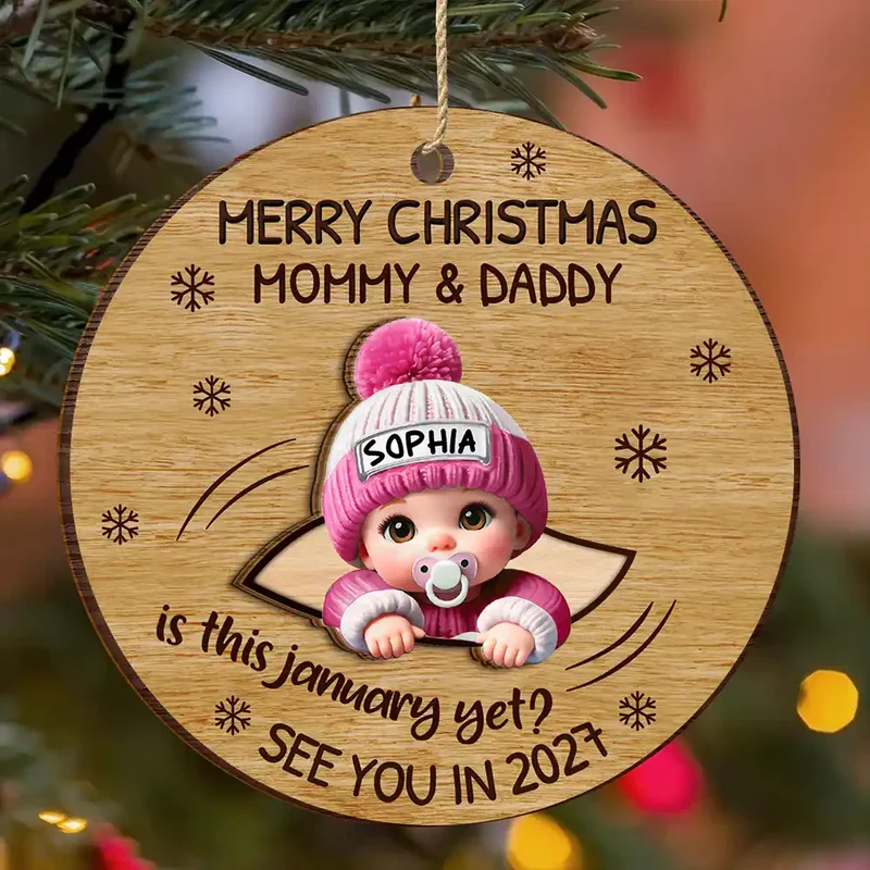 Baby Peeking Out Custom Wooden Ornament - Personalized Expecting Mom Christmas Gift