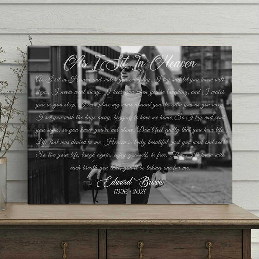 Personalized son memorial canvas print with As I Sit In Heaven poem for grieving parents
