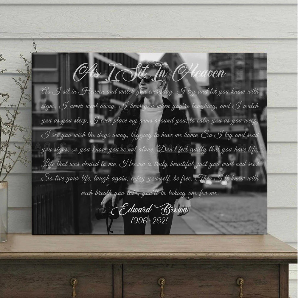Personalized son memorial canvas print with As I Sit In Heaven poem for grieving parents