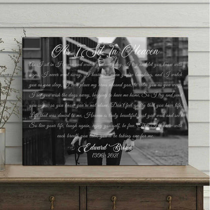 Personalized son memorial canvas print with As I Sit In Heaven poem for grieving parents