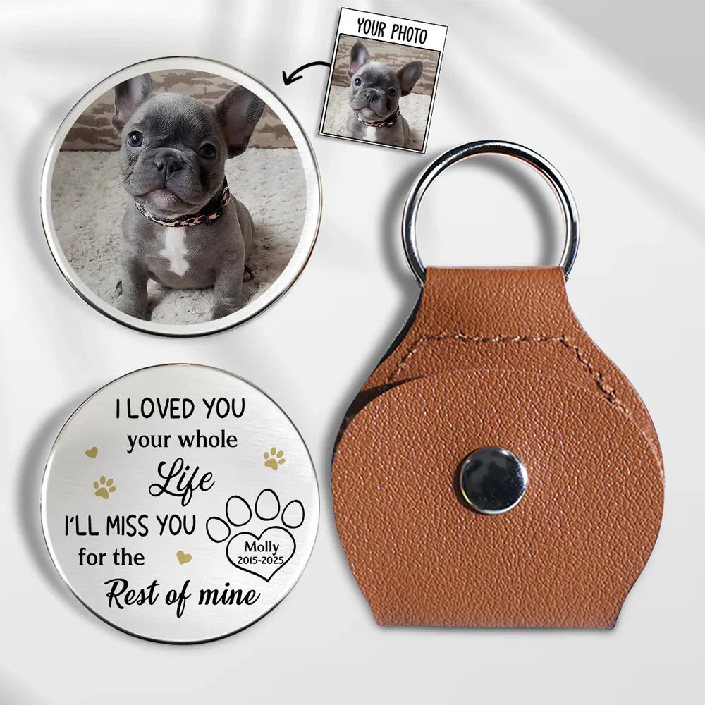 Personalized pet memorial pocket hug keychain with custom dog photo and engraved remembrance text