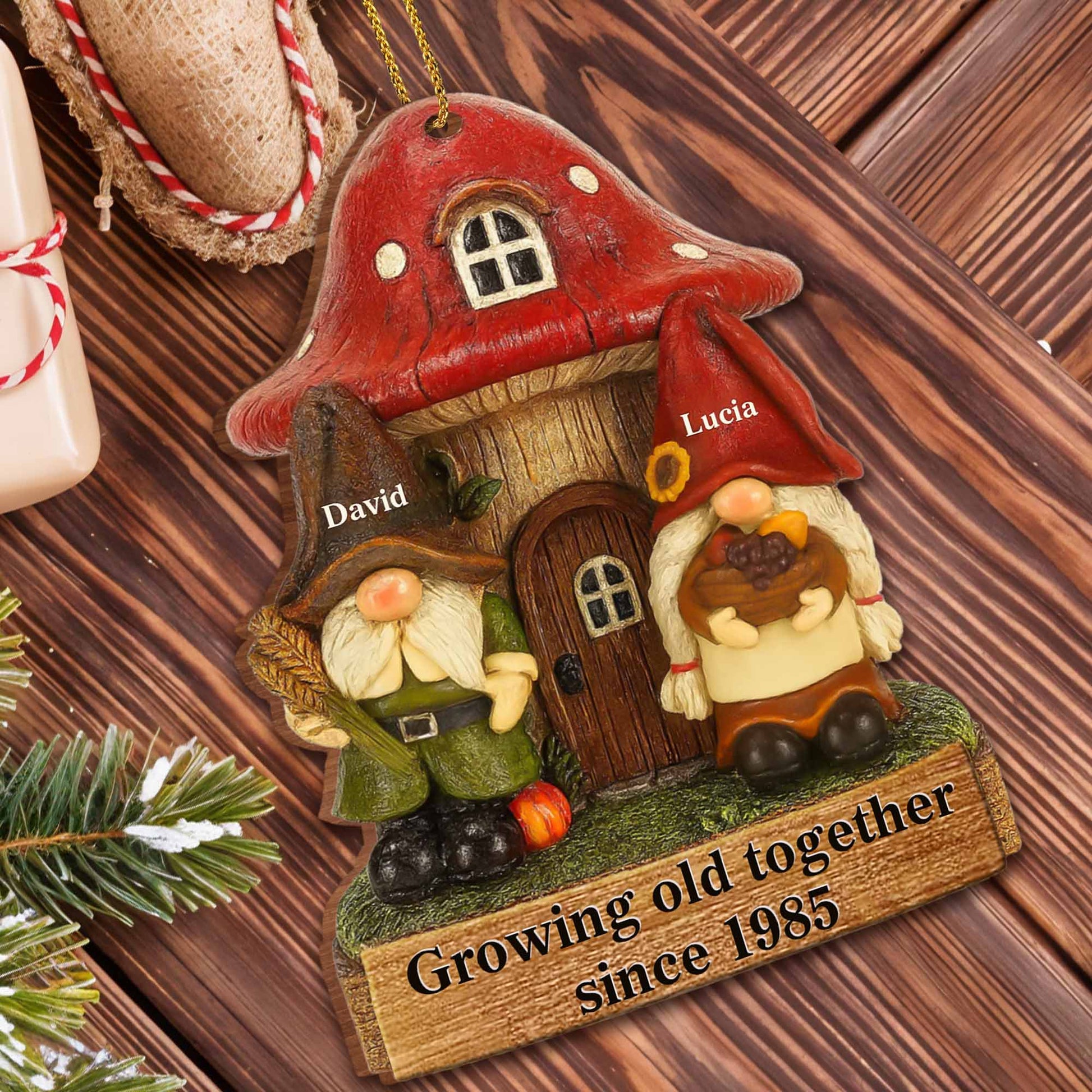 Personalized gnome couple wooden ornament with Growing Old Together printed quote for couples Christmas anniversary gift