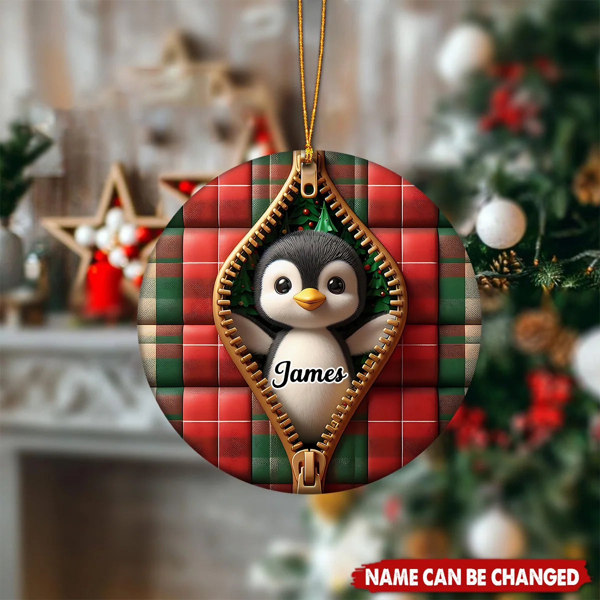 Cute Zipper Plaid Penguin Personalized Ceramic Ornament - Christmas Keepsake for Kids & Family