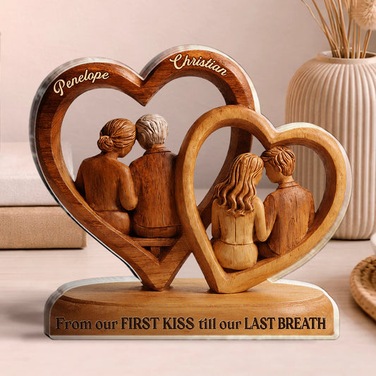 Personalized couple acrylic plaque with two wooden hearts style design and custom names for husband and wife anniversary gift