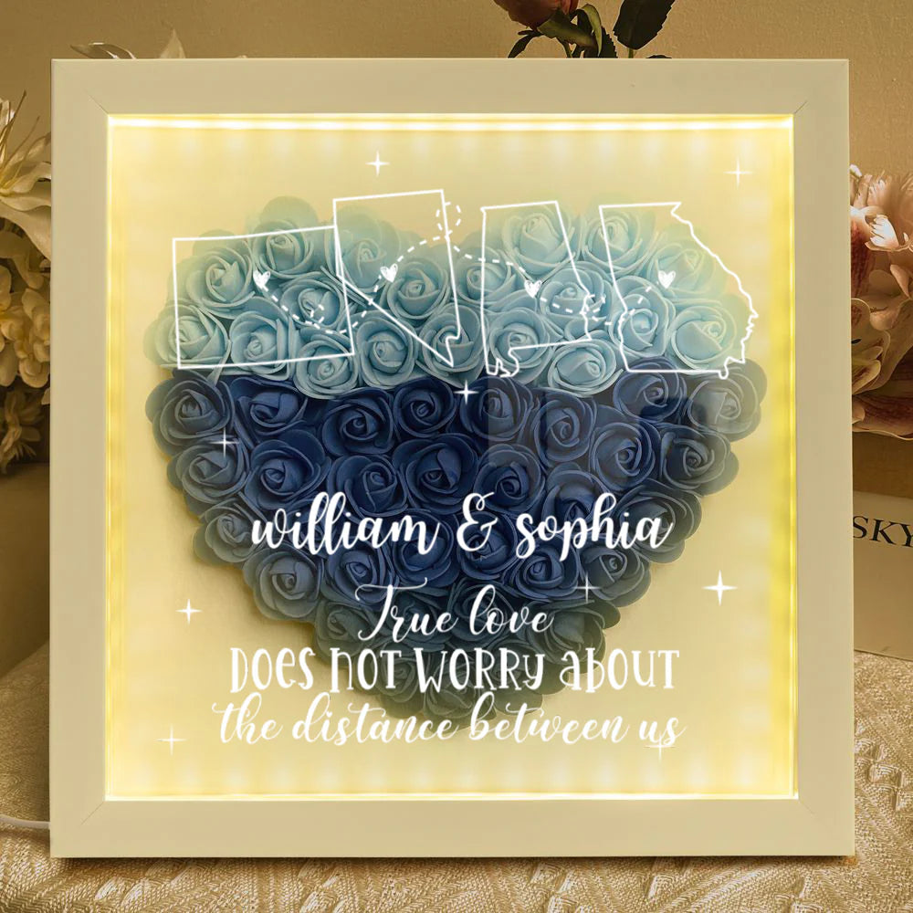 Custom long distance relationship flower shadow box with illuminated LED light frame for couples anniversary gift image 9