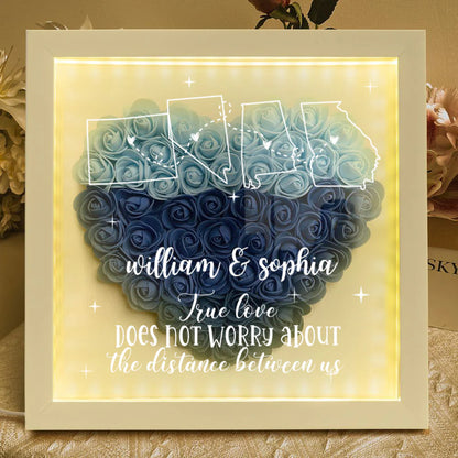 Custom long distance relationship flower shadow box with illuminated LED light frame for couples anniversary gift image 9