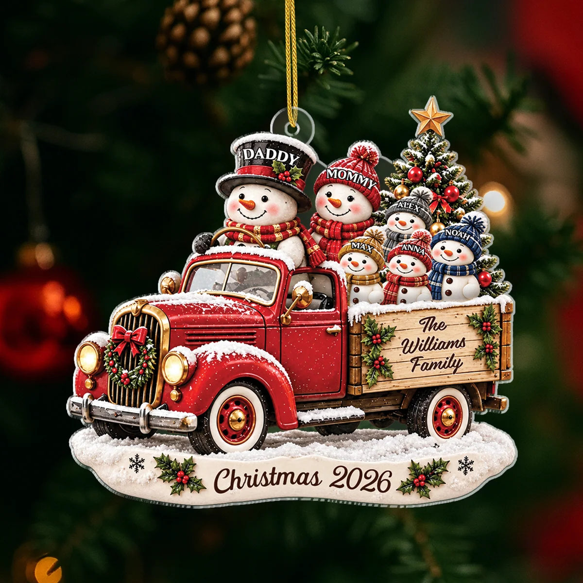 Snowman Family Red Truck Personalized Acrylic Ornament - Christmas Keepsake for Family