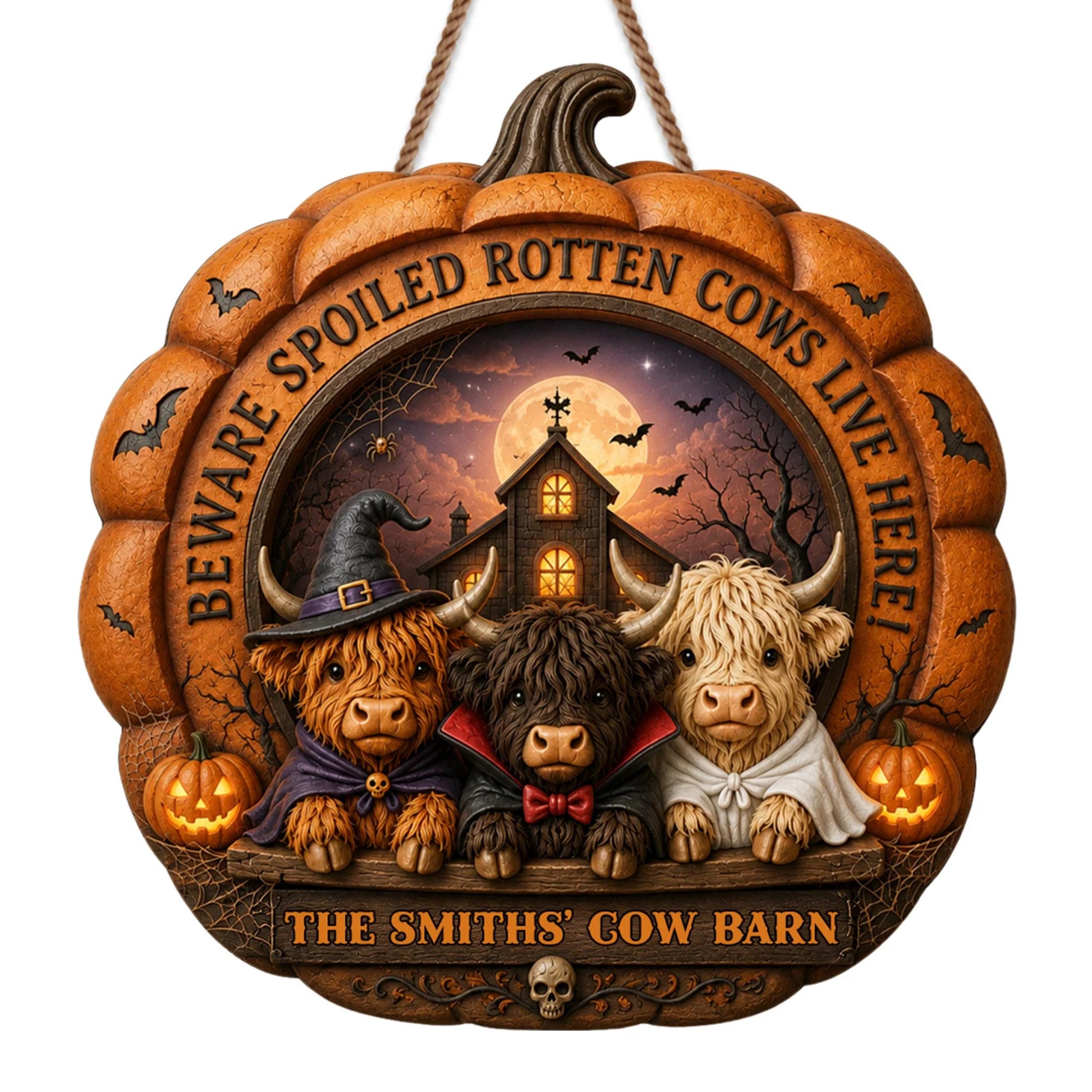 "Beware Spoiled Rotten Cows Live Here" - Personalized Highland Cow Farm Halloween Wood Sign