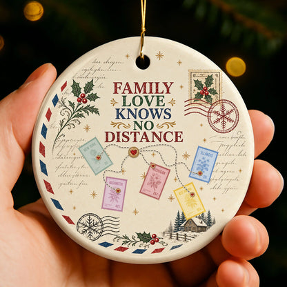 "Family Love Knows No Distance" Personalized Ceramic Ornament - Long Distance Christmas Keepsake Gift for Family